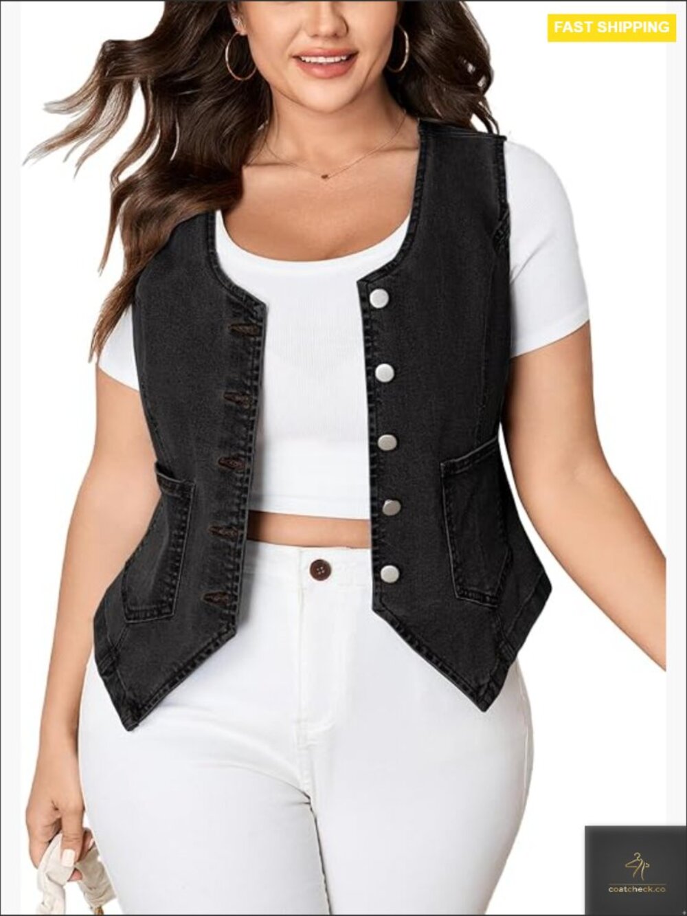 Plus Size Denim Vest Sleeveless V Neck Button Down Cropped Waistcoat Top Jean